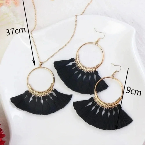 1 LEFT! Bohemian Gold & Black Tassel Necklace & Earring Set - Picture 3 of 3